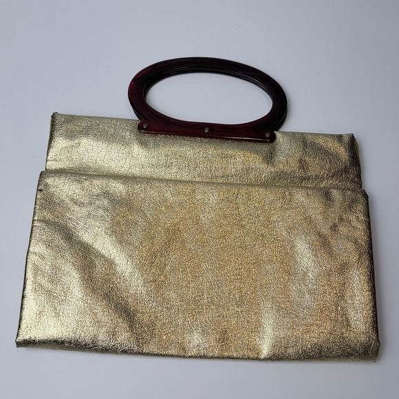 Lady's Pride Handbags - Vintage Lady's Pride Convertible Metallic Gold Clutch Lucite Handle Handbag